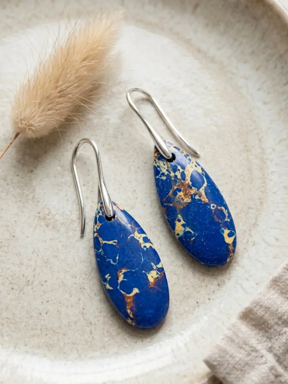 Silver Plated Blue Imperial Jasper Gold Matrix Boho Witchy Drop Earrings 2in